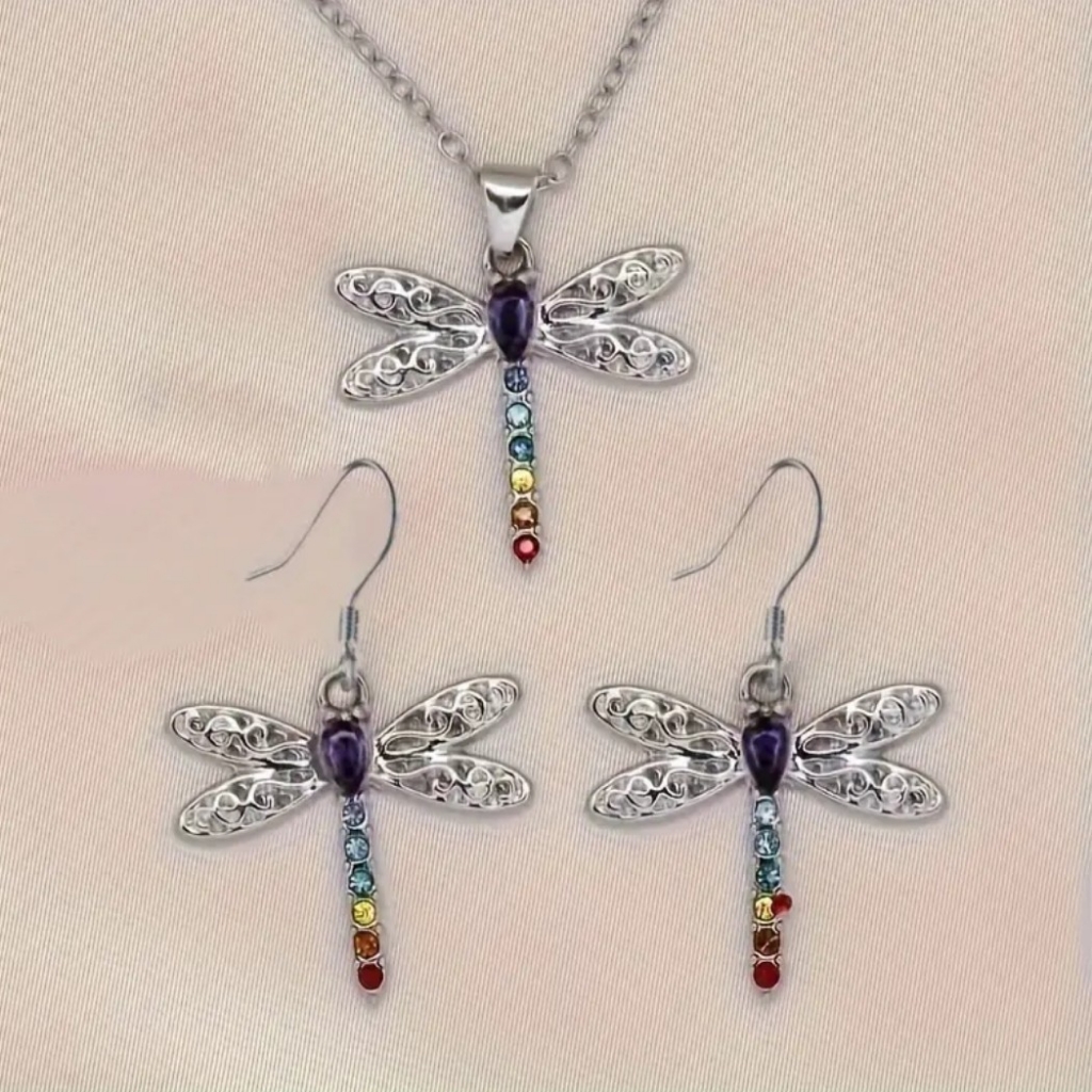 New Dragonfly Pendant Necklace & Earrings